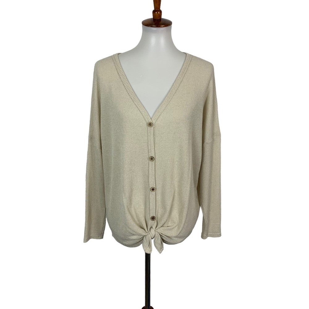 Fantastic‎ Fawn Small Waffle Knit Button Front Tie Top Hem Lightweight